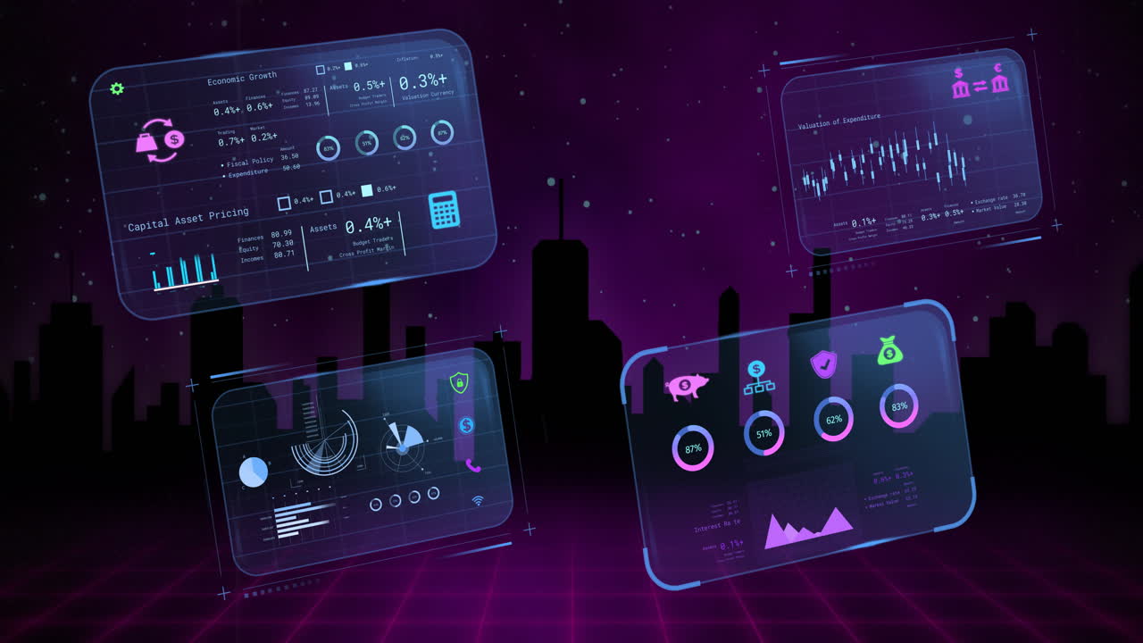 animación del procesamiento de datos financieros sobre el paisaje urbano sobre fondo púrpura