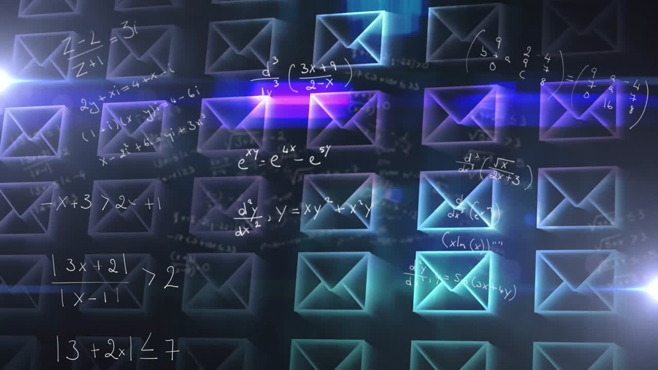 Animation of glowing envelope icons with math equations on digital school background