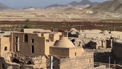 old town with brick stone material building ancient houses traditional architecture berry garden barberries field background harvest season mountain desert climate iran countryside wonderful landscape