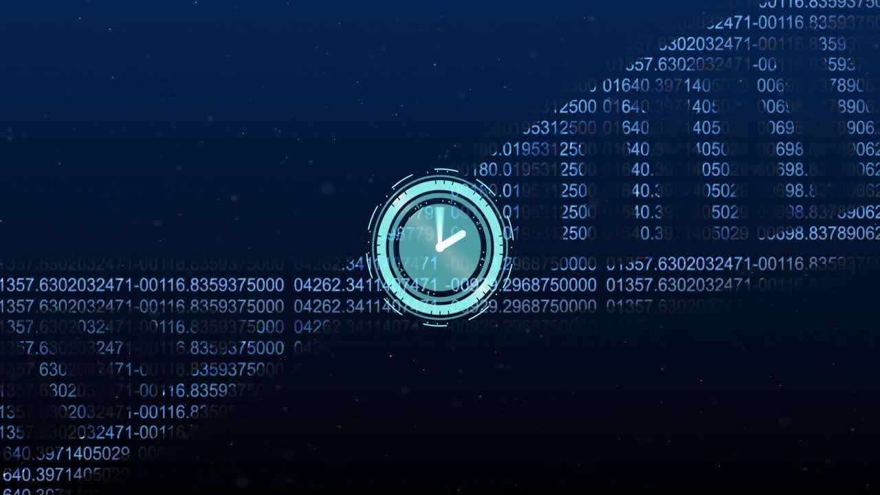 Animazione di orologio in movimento su filamento di DNA con codice binario su sfondo nero