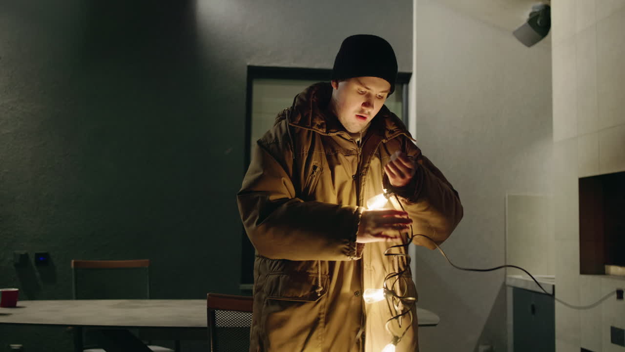 hombre instalando luces de cuerda al aire libre por la noche