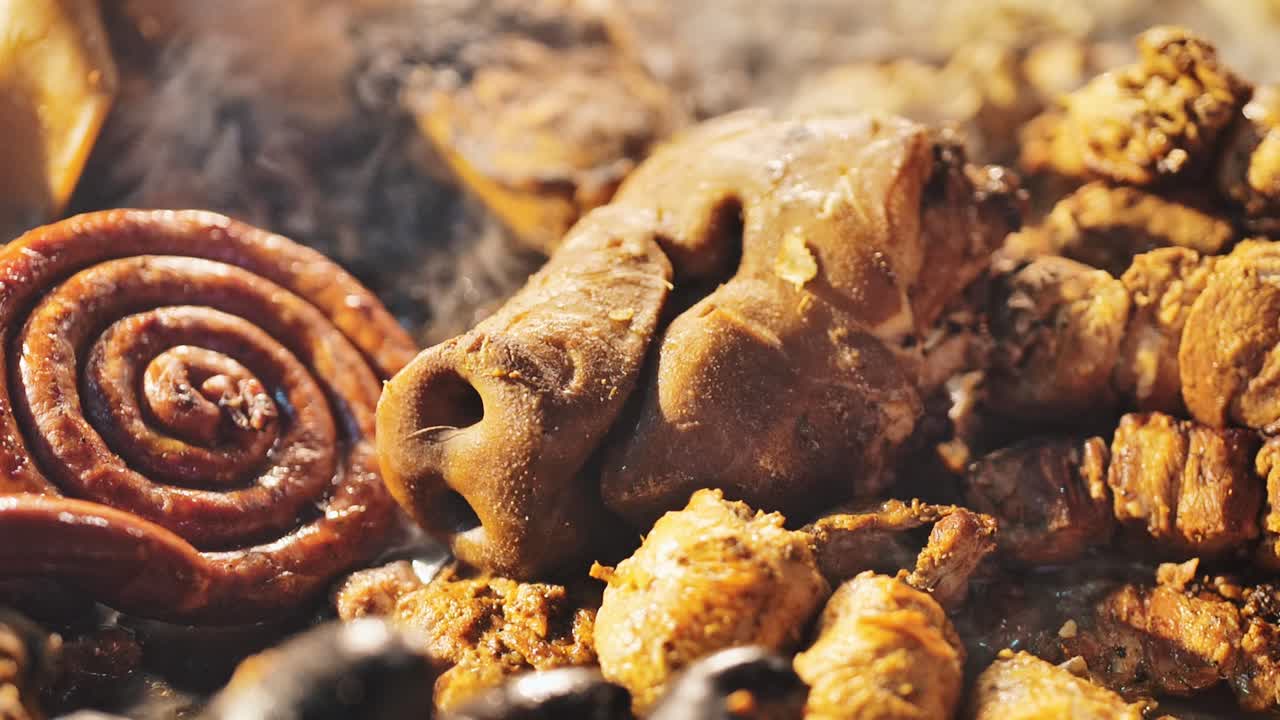 Freshly roasted pig snout steaming, Christmas holiday market vibes, slow motion