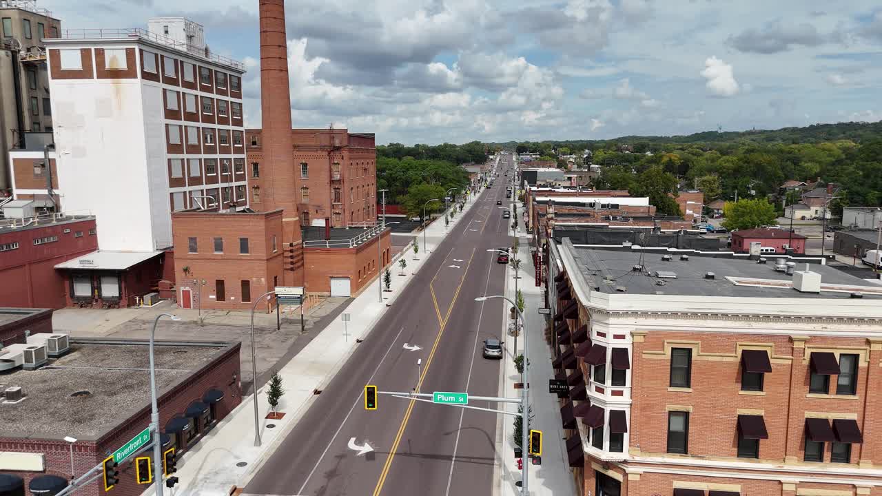 Aerial View of Downtown Mankato Minnesota, North Riverfront Drive, historic downtown, old buildings, Mill and Smoke stack,