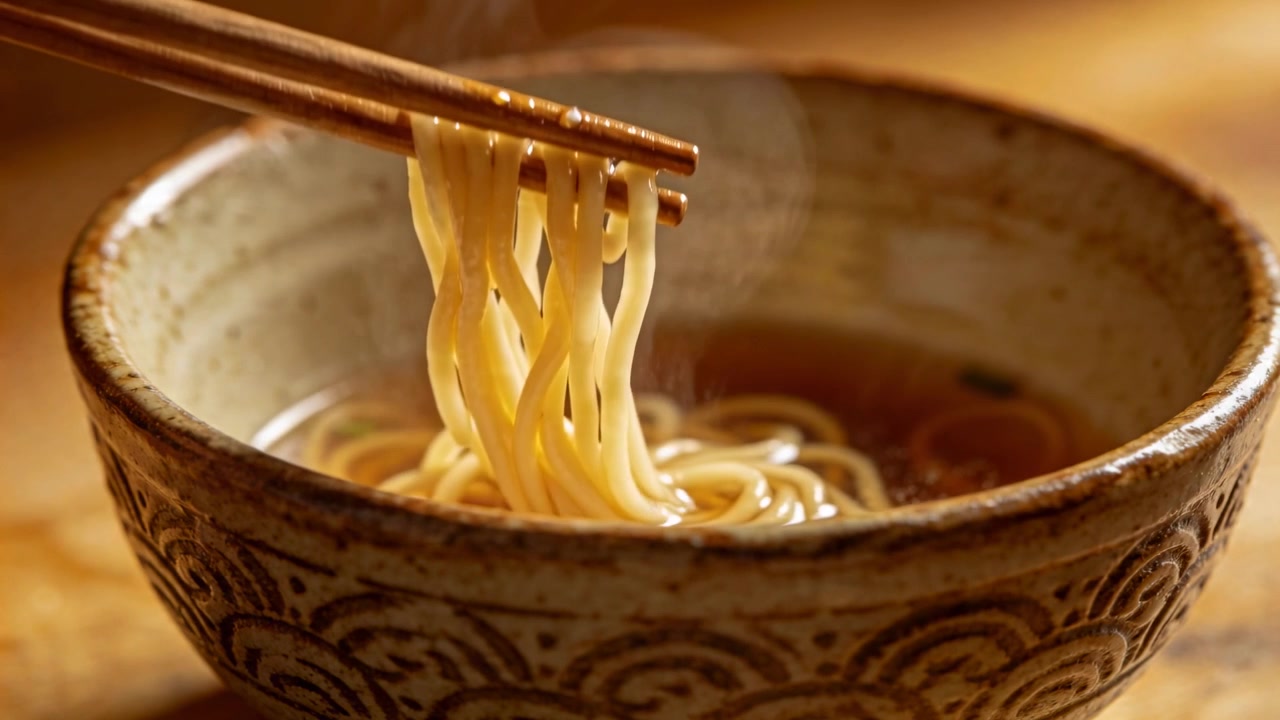 Bacchette di legno che prendono i noodles da una ciotola di ceramica su un tavolo, con vapore che sale.
