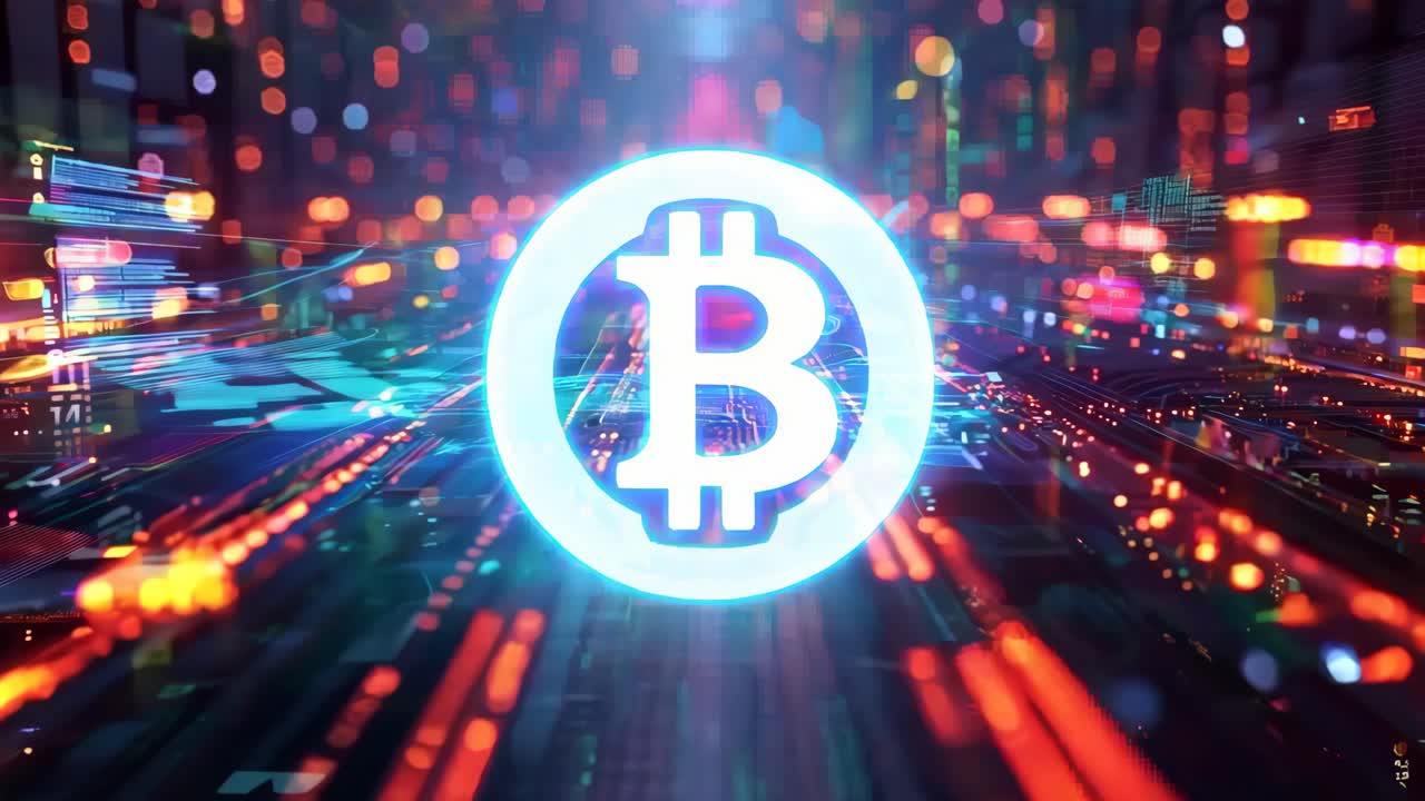 A neon sign with a red triangle on it. The sign is surrounded by a lot of lights and it looks like a futuristic city