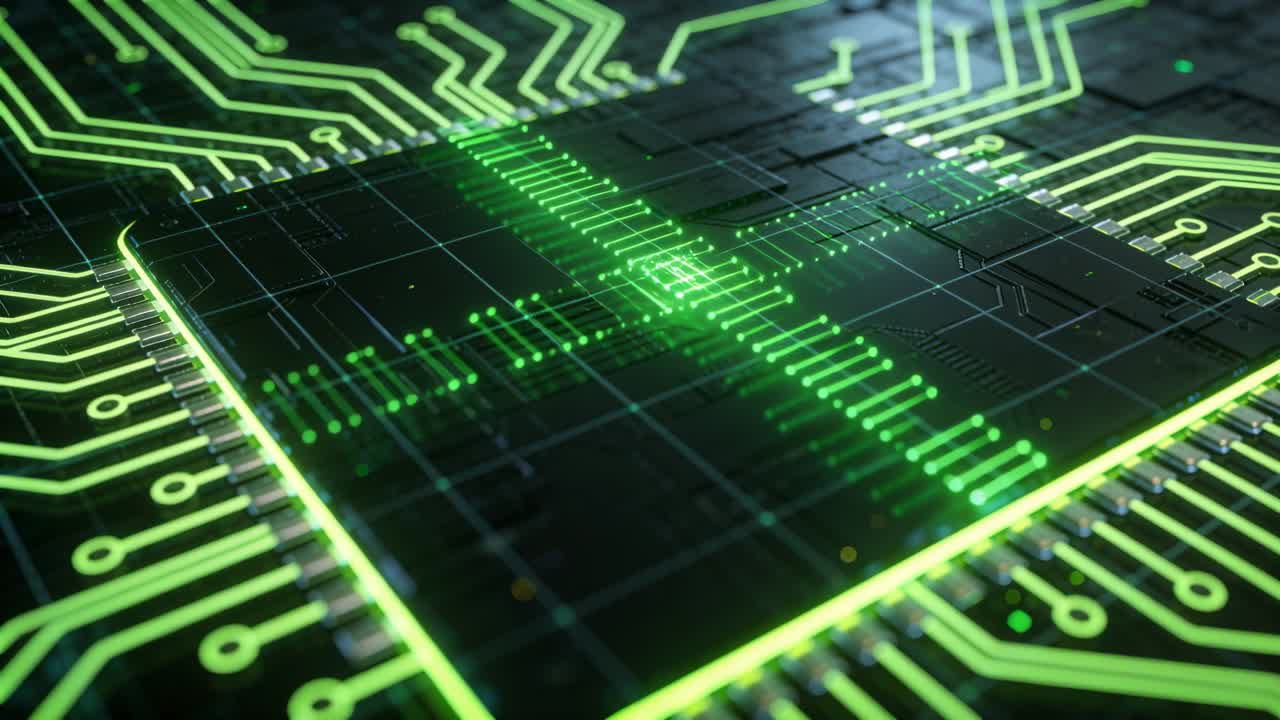 Scanning microchip in studio, green bar starting breaking into dots, depicting data flow across PCB