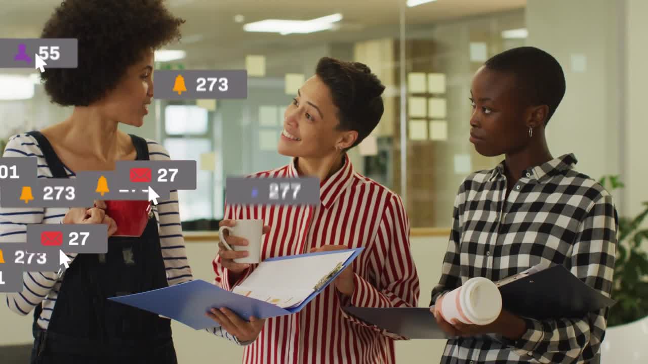 3 women holding coffee, folder after chat alert icons appearing over group tracking social growth