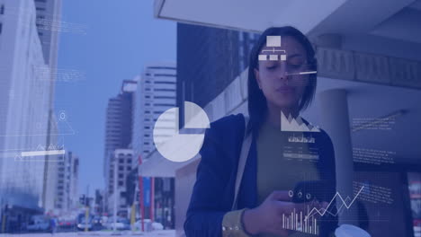 Walking-in-city,-businesswoman-with-financial-data-animation-over-skyscrapers