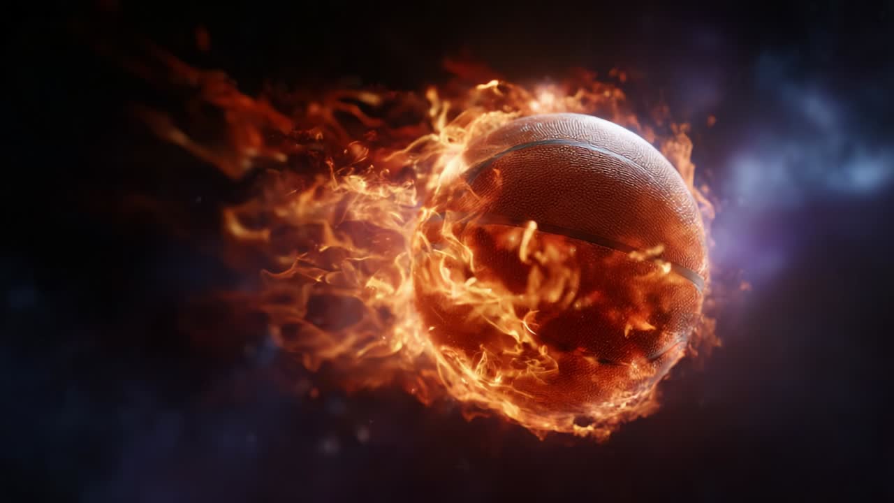 A Dynamic Basketball in Motion Surrounded by Intense Flames Illustrating Energy and Power of the Game, Captivating the Viewer with its Vibrant Colors and Dramatic Effects that Showcase Athleticism