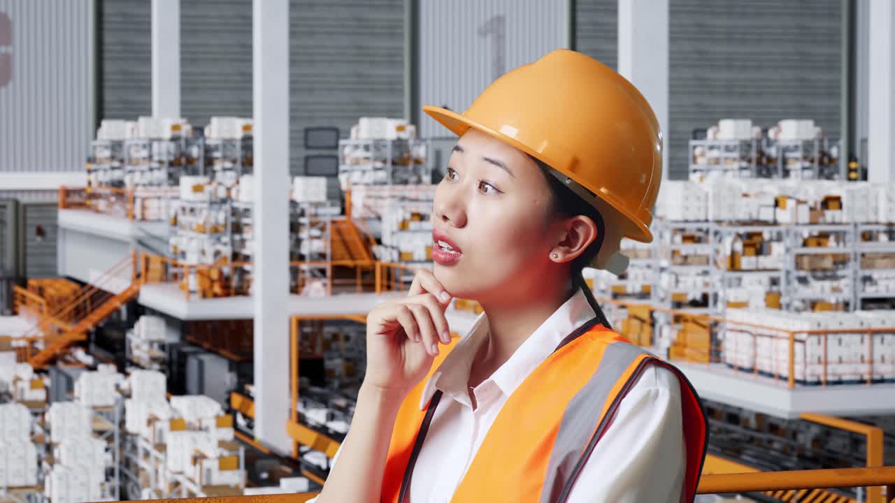 안전 헬을 입은 아시아 여성 엔지니어가 배달 물품으로 가득 찬 선반과 함께 창고에 서서 무언가에 대해 생각하고 주위를 둘러보며 지표손가락을 올립니다.
