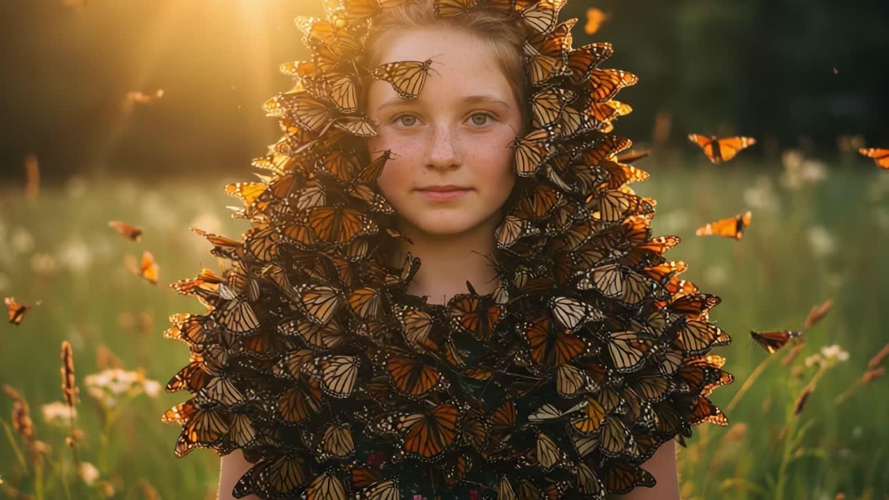 A Young Girl Shimmering in Nature Enveloped by Butterflies in a Stunning Sunset, Showcasing the Beauty of Insects and the Harmony of the Natural World