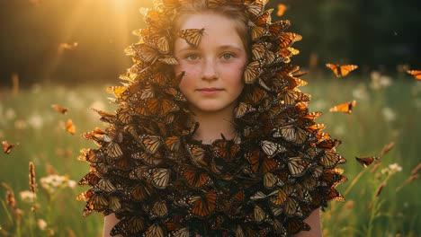 a young girl shimmering in nature enveloped by butterflies in a stunning sunset, showcasing the beauty of insects and the harmony of the natural world