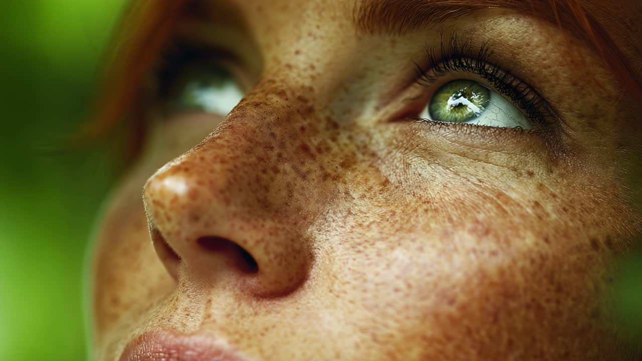 Captivating Close-Up of Freckled Woman Gazing Upwards with Expressive Eyes in a Lush Natural Setting, Reflecting Nature's Beauty and Emotions
