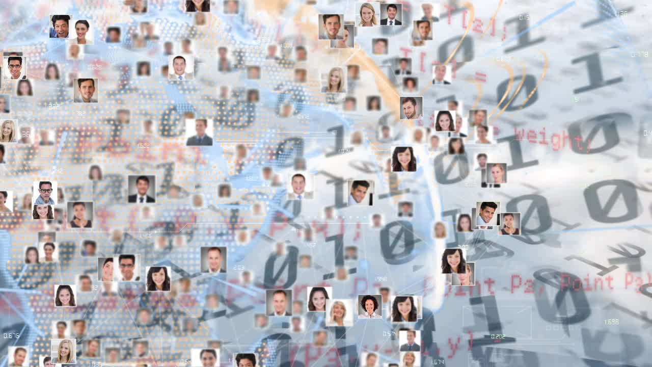 데이터 처리를 통해 사람들의 사진을 가진 연결 네트워크의 애니메이션