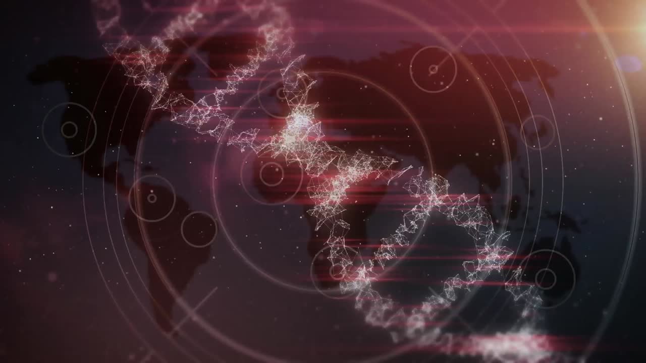 데이터 처리 및 세계 지도 위의 dna 스트랜드의 애니메이션