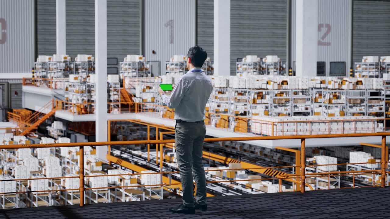 vista trasera de cuerpo completo hombre de negocios asiático usando teléfono móvil con pantalla verde maqueta de pantalla en el almacén