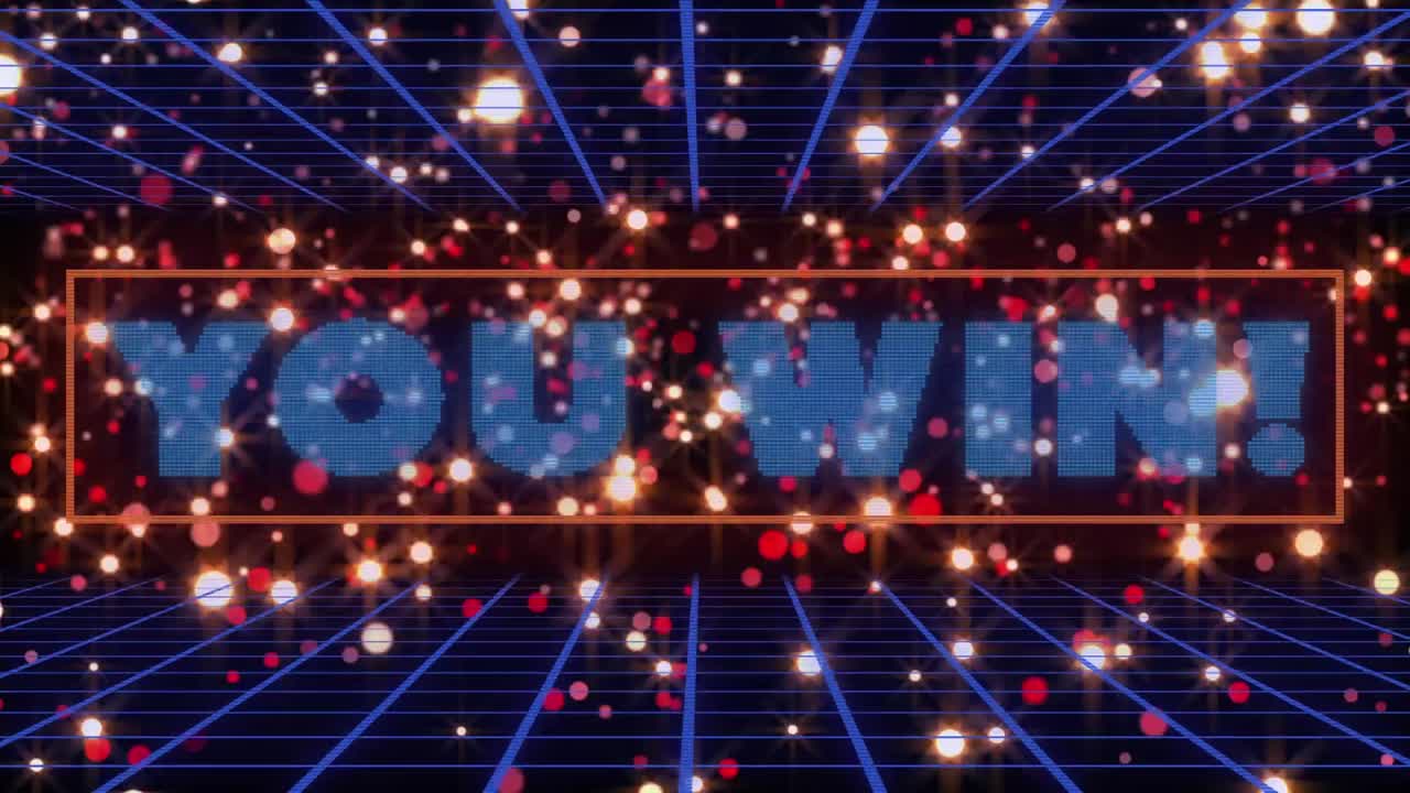 검은 바탕에 빛의 반점과 그리드 네트워크에 대한 텍스트 배너를 이기는 디지털 애니메이션