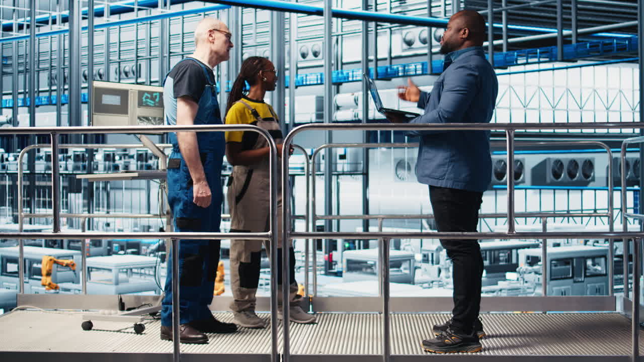 Investor visiting industry 4.0 solar panels plant, talking with engineers