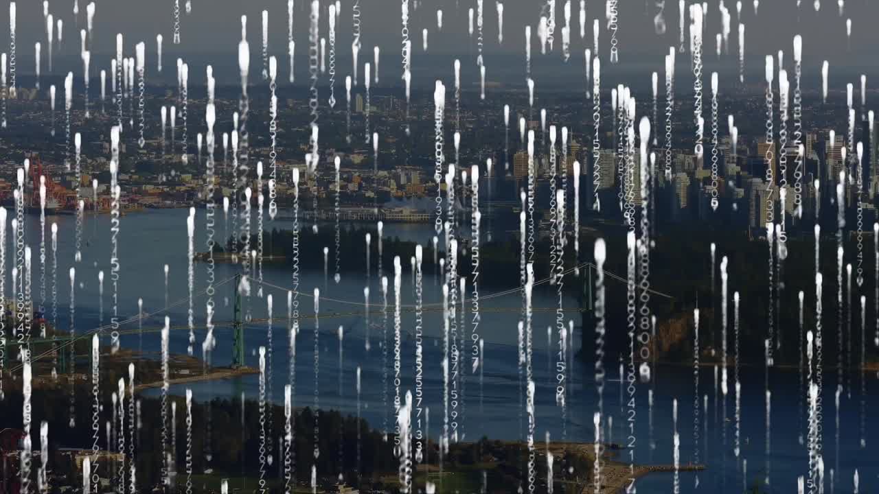 도시 풍경 위의 데이터 처리 애니메이션