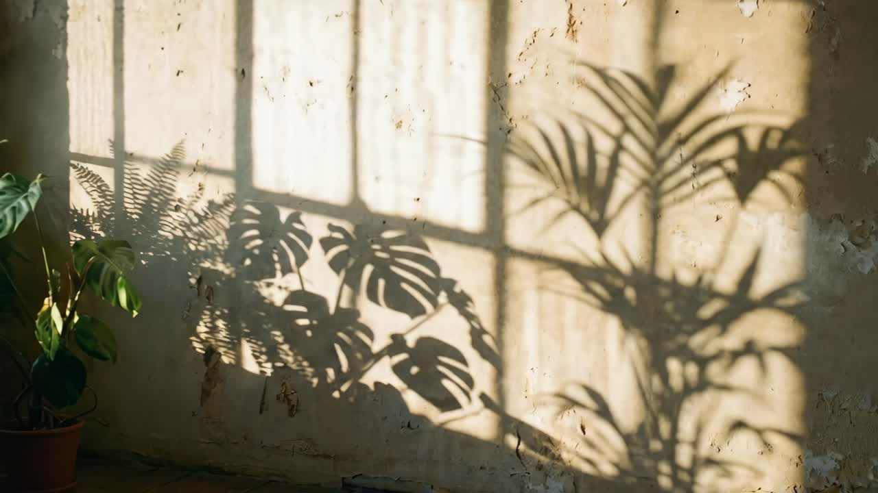 Warm Sunlight and Plant Shadows on an Old Industrial Wall