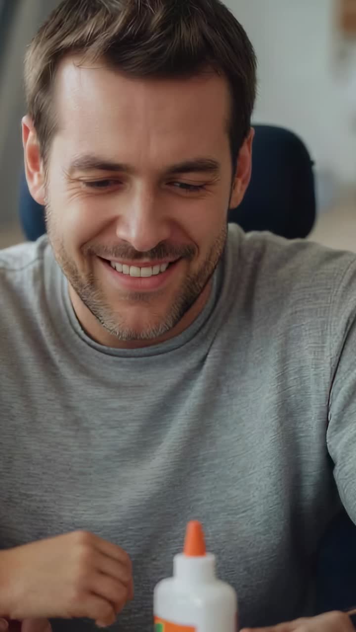 Vertical video: Seeing white glue bottle orange nozzle, man in grey leaning, preparing glue at home