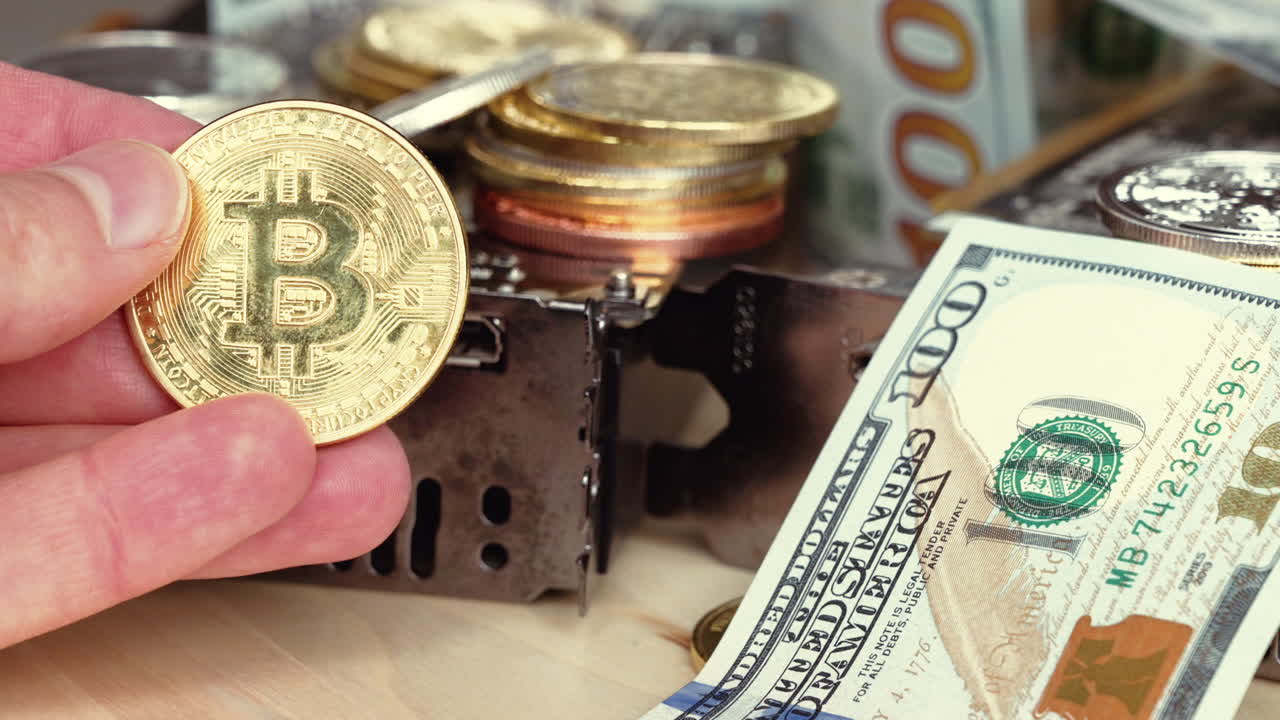 Composition with golden and silver bitcoin crypto money, dollars and computer graphic mining cards