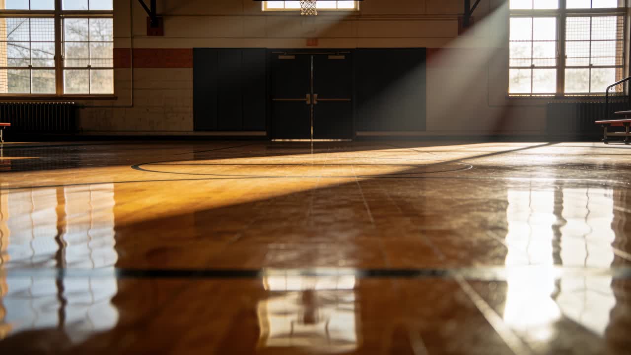 Streaming sunlight from windows moving glow across school gym wood floor, showing center line hoop
