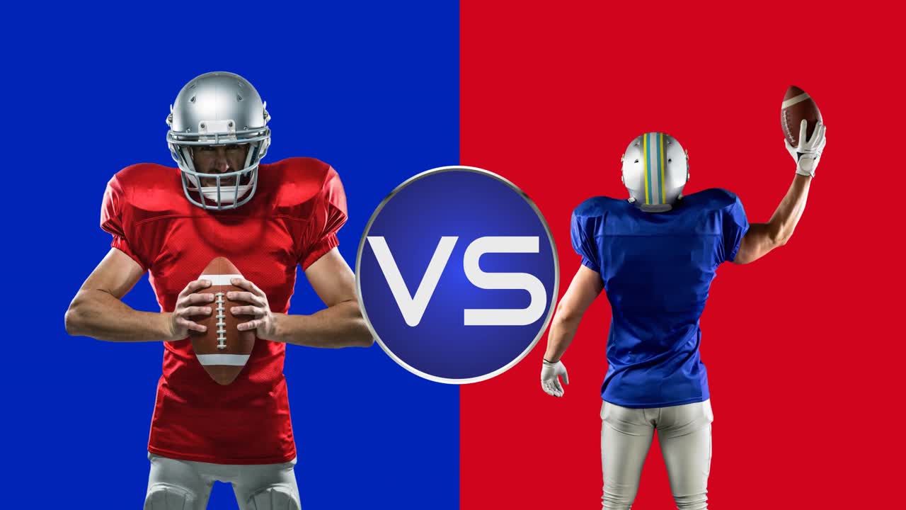 Animation of vs text over american football players from two teams on red and blue backgrounds