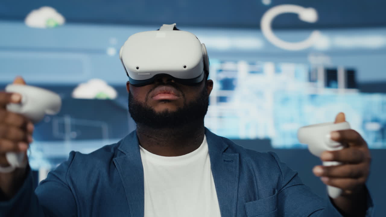 Black IT specialist works on machine learning with virtual reality glasses
