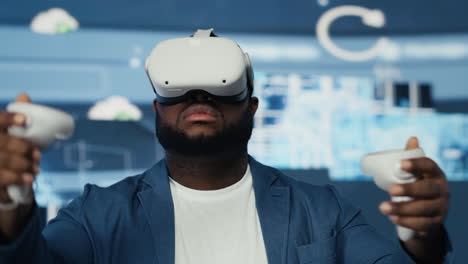 black it specialist works on machine learning with virtual reality glasses