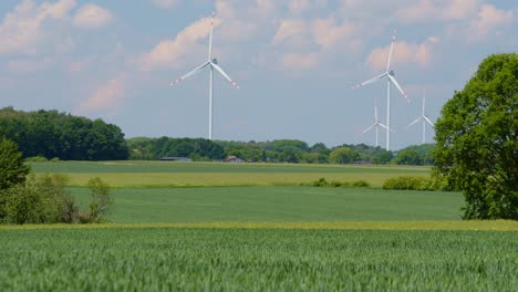 beautiful serene countryside with farm field and wind turbines park, energy