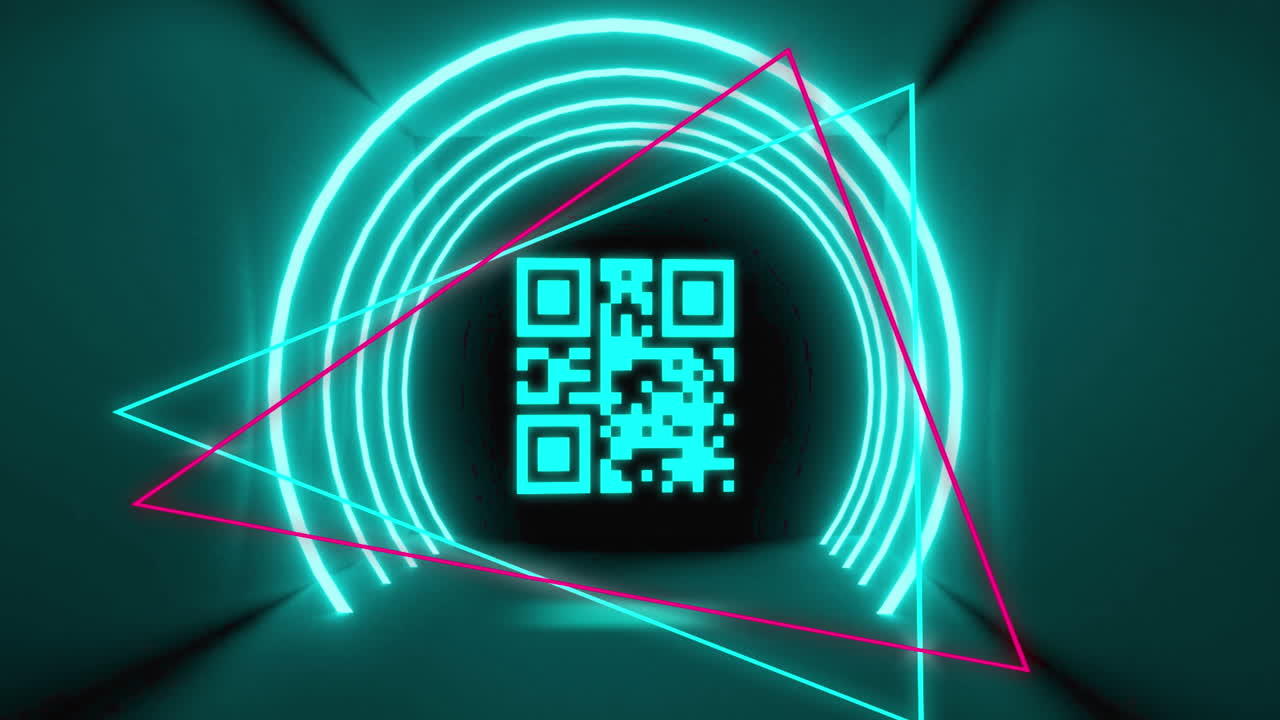 Animation of glowing qr code over neon geometric shapes