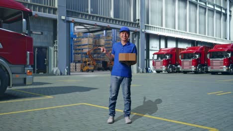 full body of asian male courier in blue uniform smiling and pointing to the side while delivering a carton, outside of logistics distributions warehouse