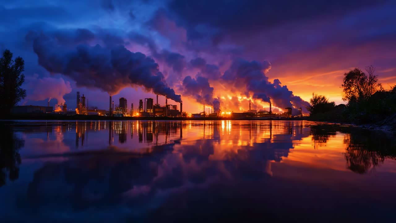 Vibrant Industrial Sunset: A striking view of a factory skyline illuminated against a dramatic evening sky, showcasing billowing smoke and brilliant reflections on the water's surface, capturing the essence of industrial life