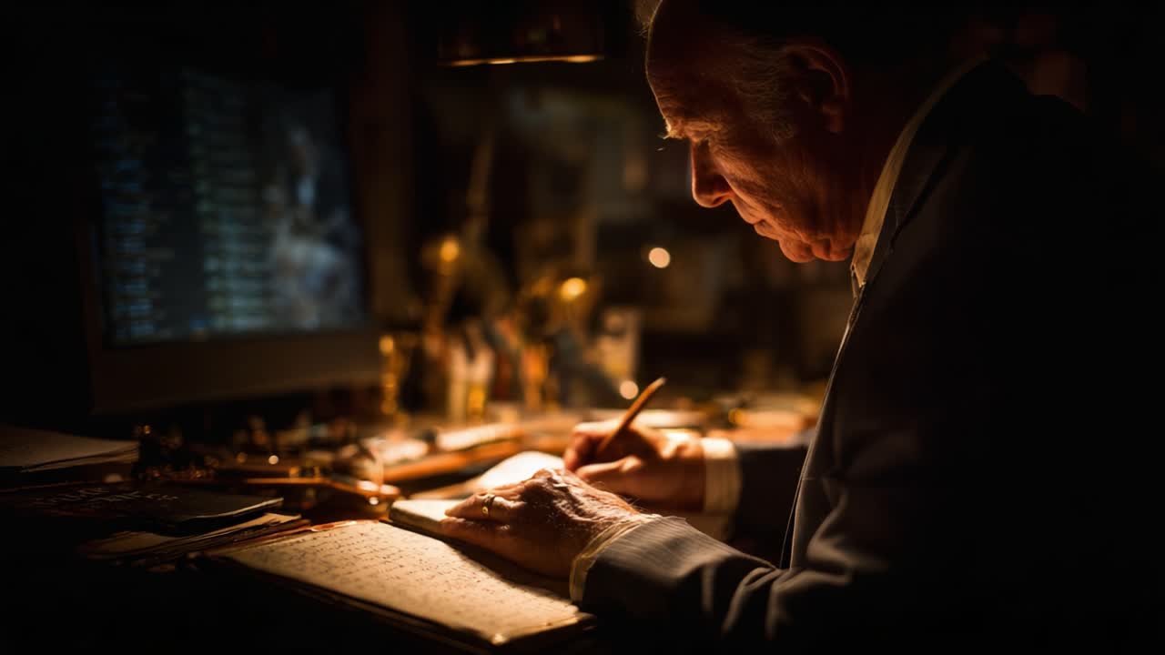 Focused Writer Engrossed in Crafting Ideas at Dimly Lit Desk, Surrounded by Tools of the Trade and a Screen Displaying Abstract Information