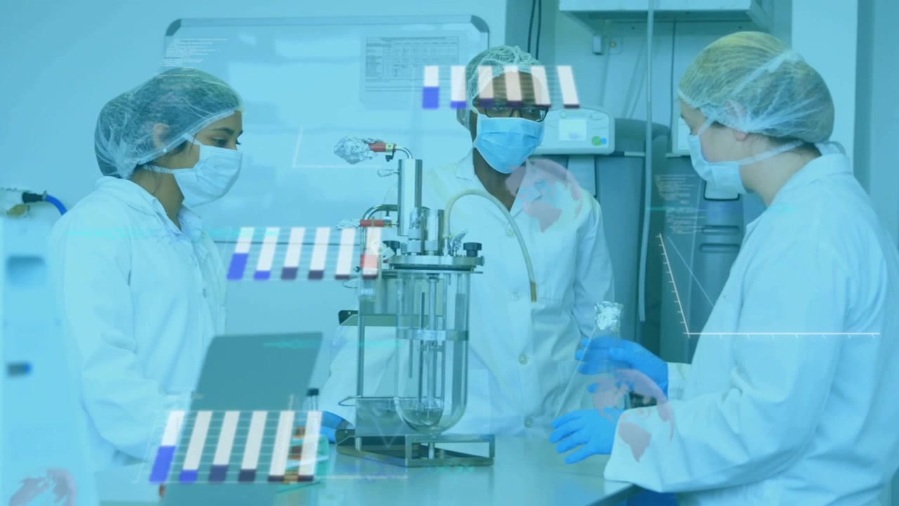Scientists viewing data overlay, pointing at reactor, pouring mix and adjusting valve for lab work