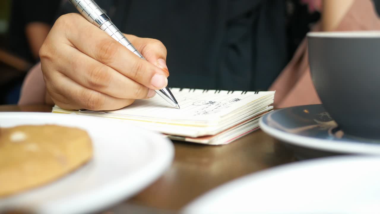 Woman taking notes at a cafe