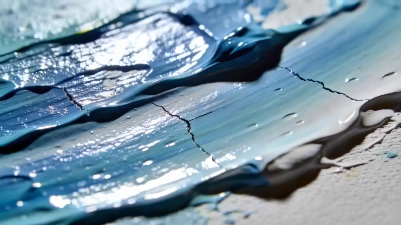 Mudança de luz causando mancha de tinta azul secando cintilando sobre as saliências, mostrando rachaduras em tela texturizada