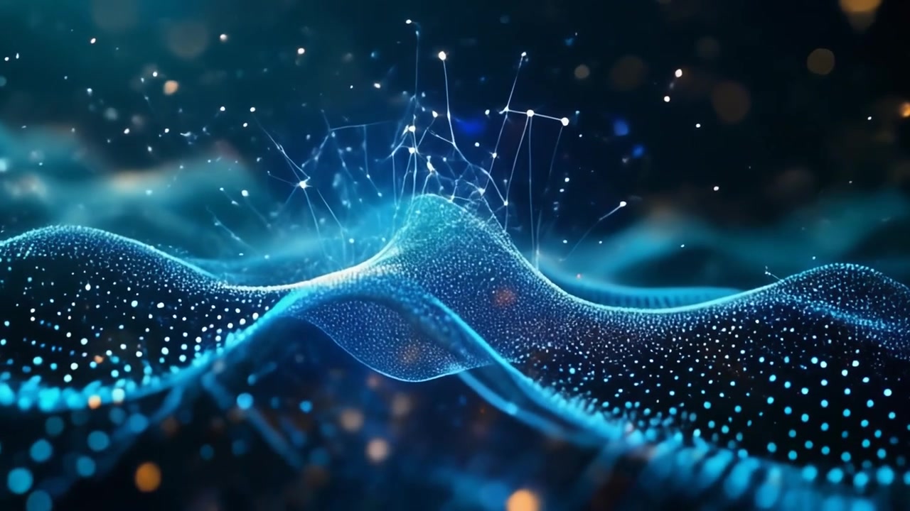 Abstract Digital Wave of Glowing Blue Particles and Network Connections