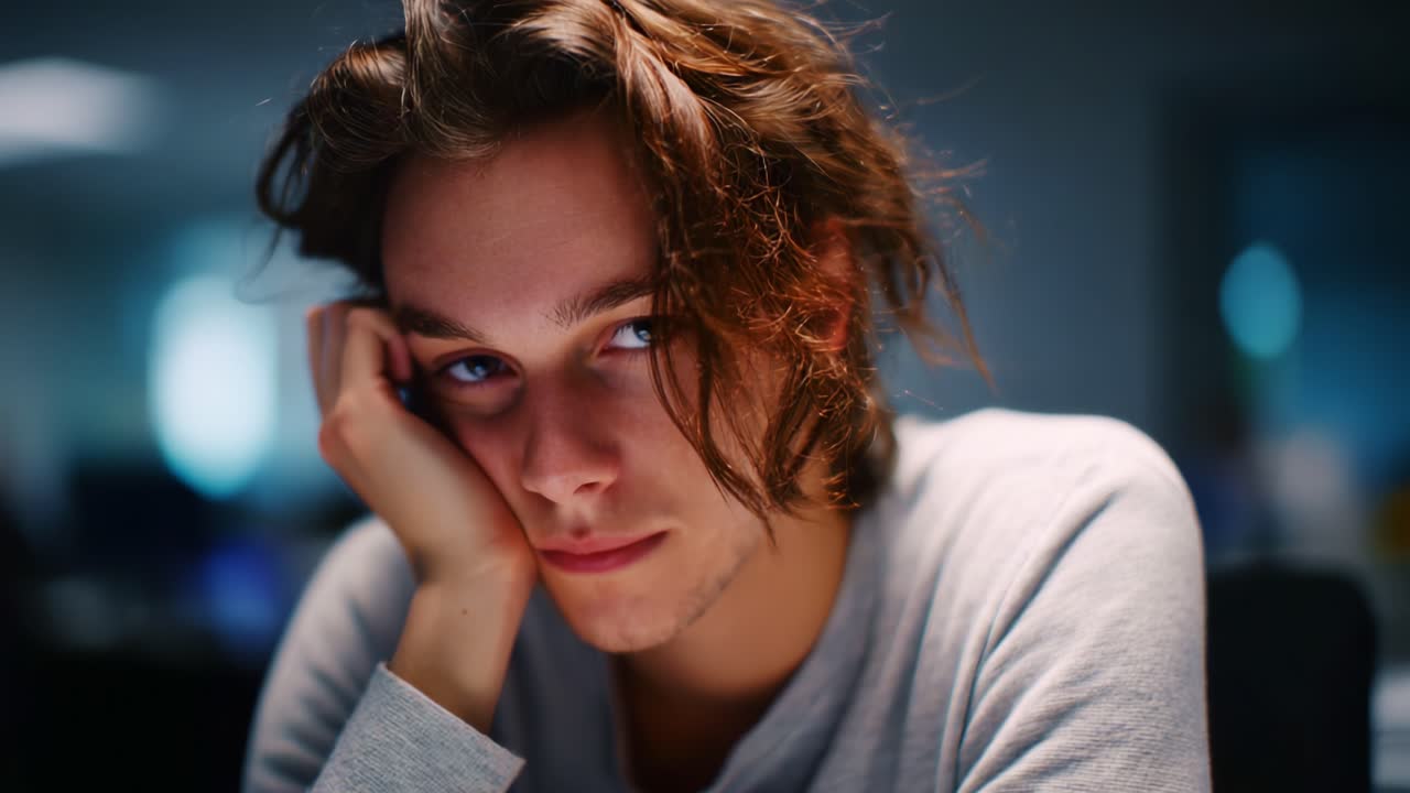 A young man stares pensively while resting his chin on his hand, capturing emotions during a moment of reflection in a softly lit room