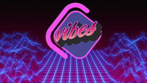 animation of vibes text over purple diamond shape with glowing blue mesh