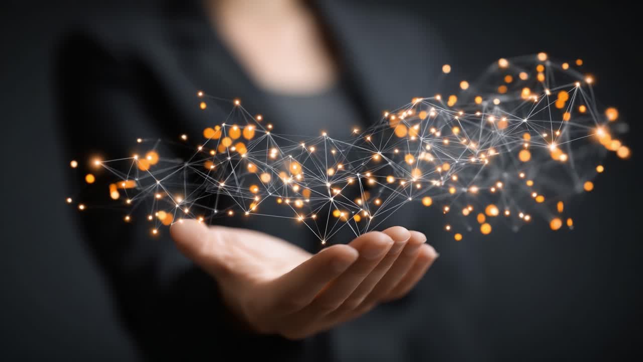 Una visualizzazione futuristica di dati e connettività: una persona tiene in mano una rete eterea di luci e connessioni, a simboleggiare tecnologia e innovazione.