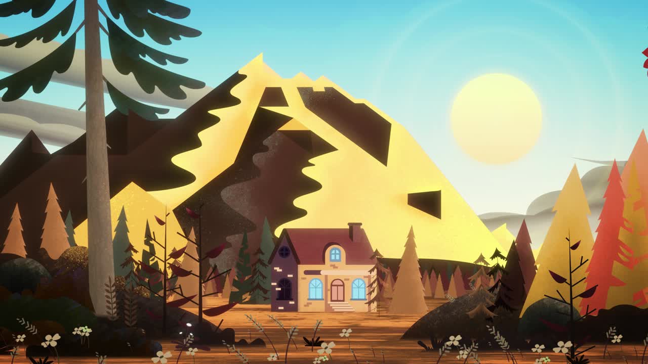 hermosa casa de ladrillo con azulejos de cerámica marrón en el bosque de coníferas de otoño. el sol desvanecido del otoño ilumina el paisaje diurno.