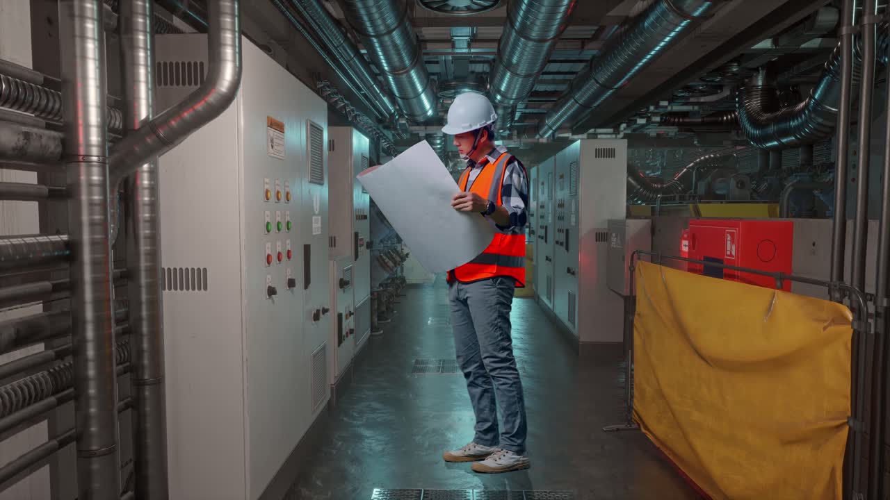 Full Body Side View Of Asian Male Engineer With Safety Helmet Looking At Blueprint In His Hands And Looking Around While Standing In Engine Control Room, Work Of Electrical Generators