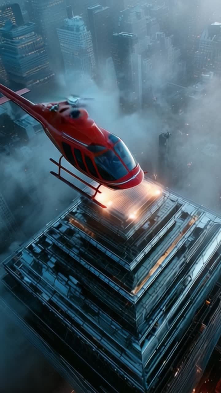 A Dynamic Helicopter Hovering Above a Towering Pyramid Structure Surrounded by Mist and City Buildings Bathed in Ethereal Light Capturing an Urban Landscape