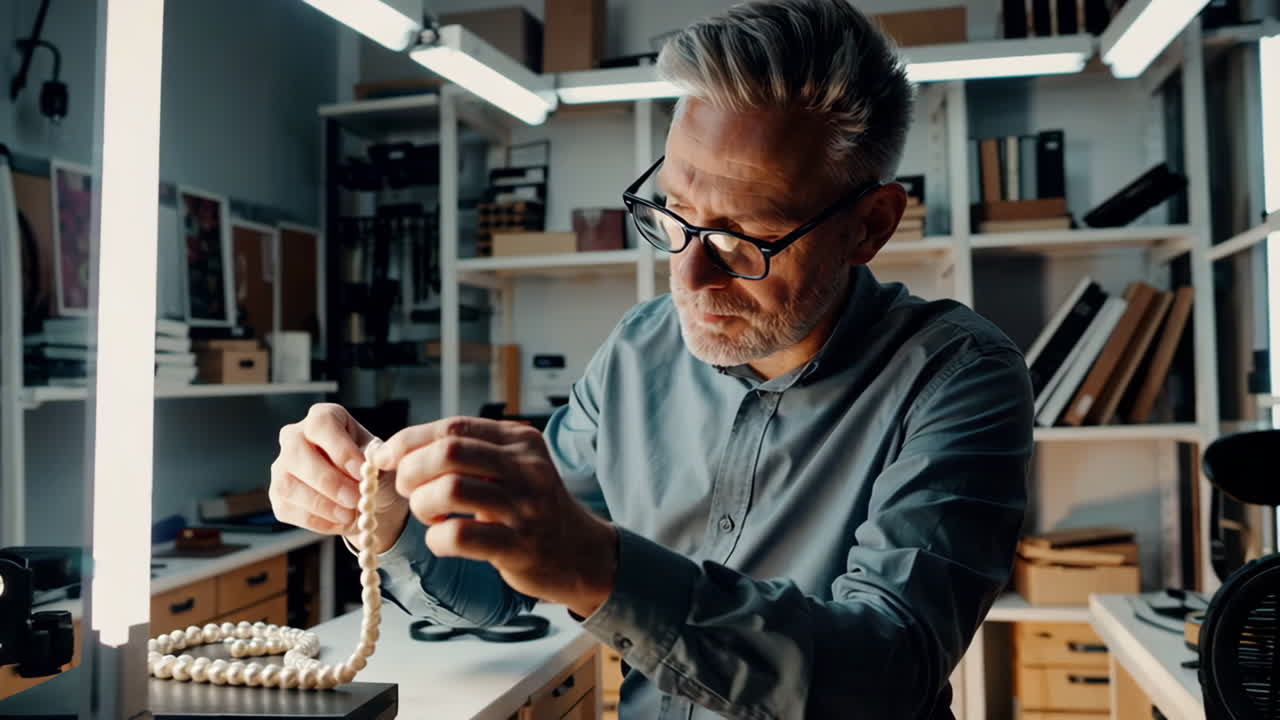 Man repairing a pearl necklace