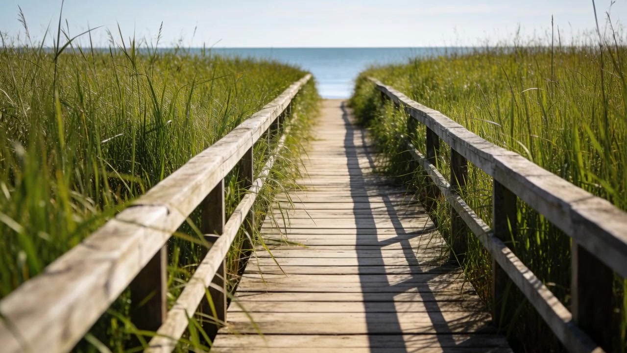 Leading wooden boardwalk with railings guiding eye toward shoreline, sunlight shifting shadows