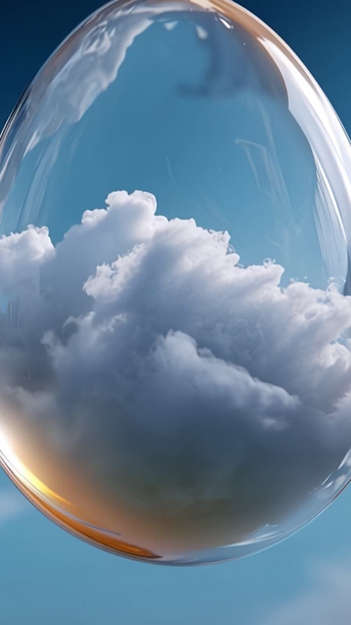 A Stunning Visual of an Egg-shaped Glass Droplet Reflecting a Cloudy Sky Encapsulating the Beauty of Nature's Elements in Expressive Forms
