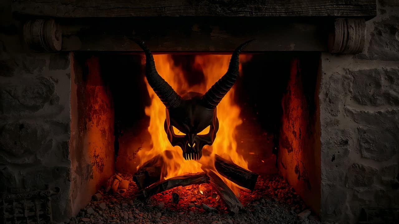 Igniting pale embers glowing beneath logs, carved horned skull revealing features in stone hearth