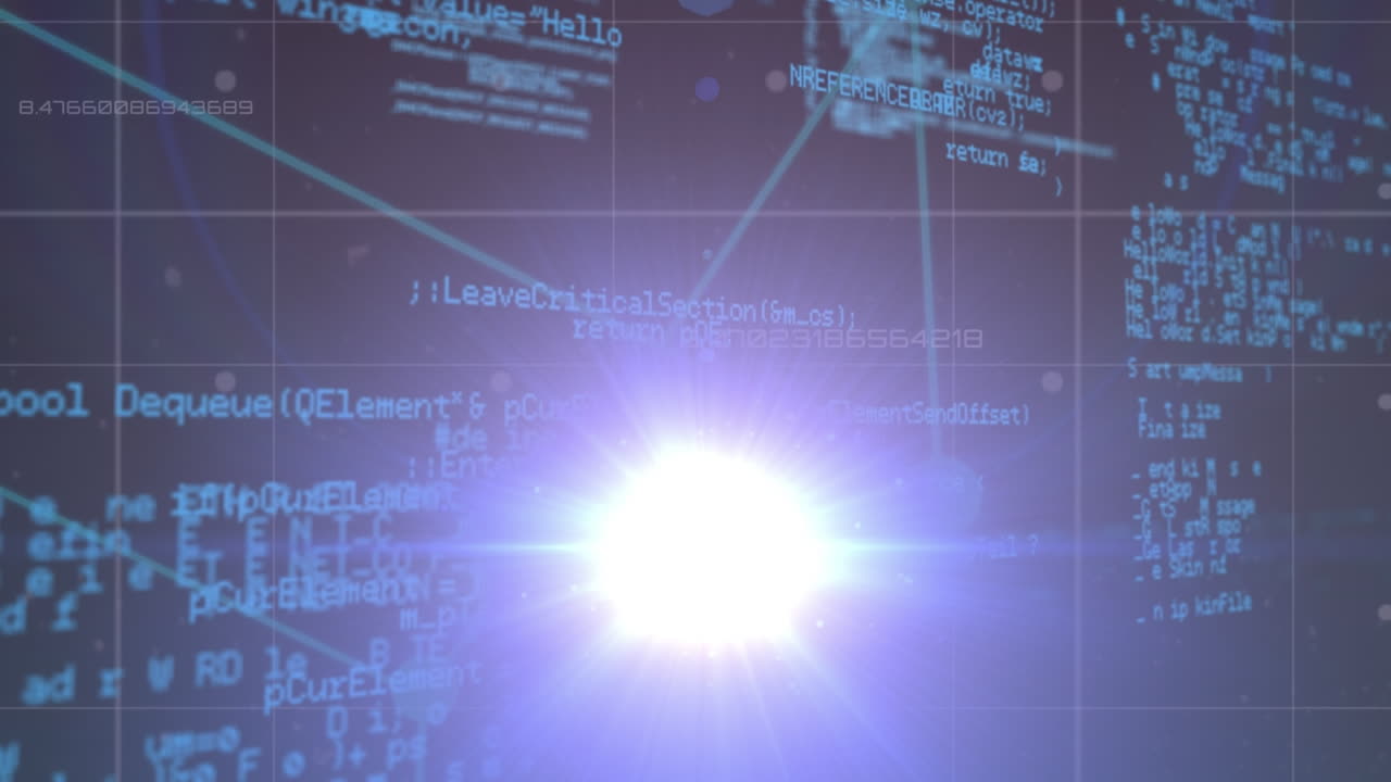 Animation of data processing and light spots on black background